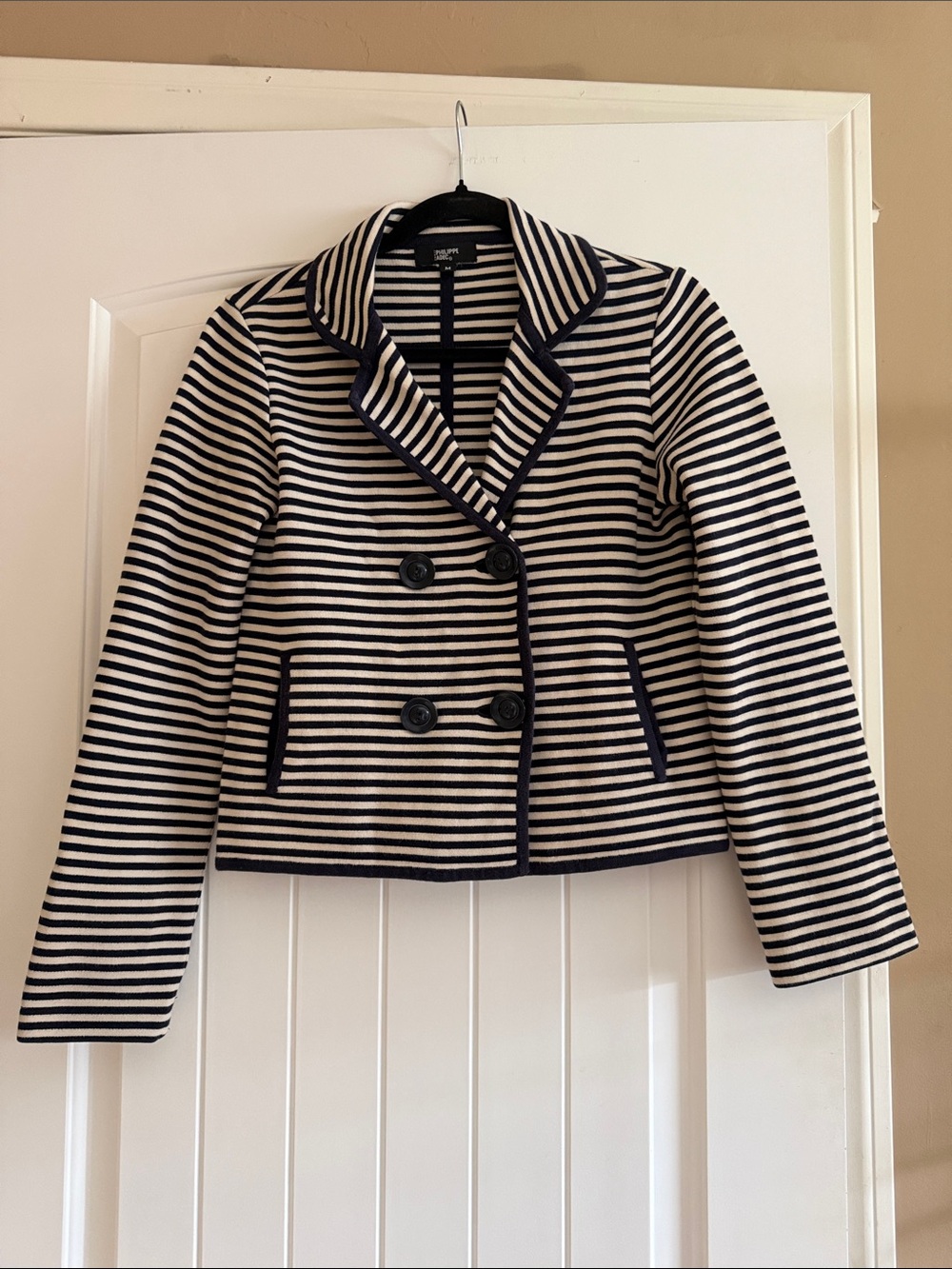 Vintage Philippe Adec Navy & Cream Striped Double-Breasted Blazer